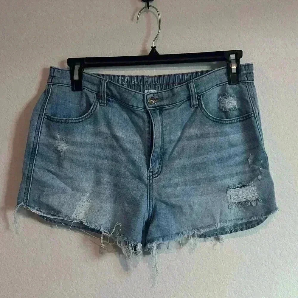 Aerie Light Wash Distressed Stretch Waist Jean Shorts - Size Large